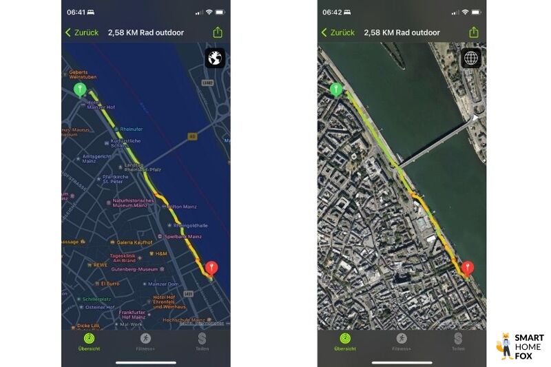 Man sieht die aufgezeichnete Strecke vom Radfahren in der Fitness App.